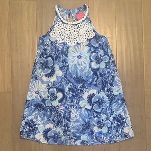 Lilly Pulitzer Blue Floral Sleeveless Dress with White Crochet Yoke